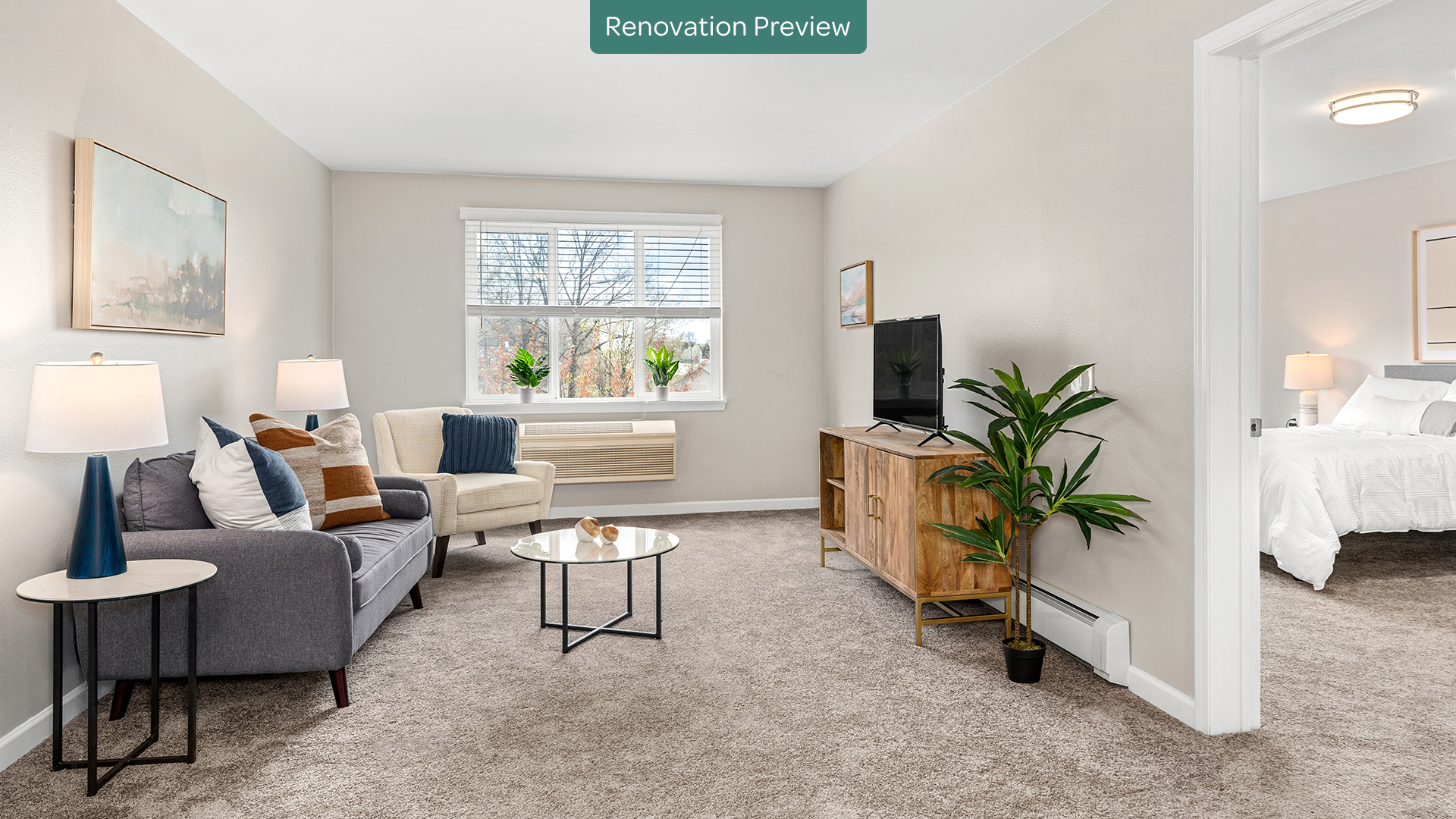 renovation preview of remodeled apartment living room