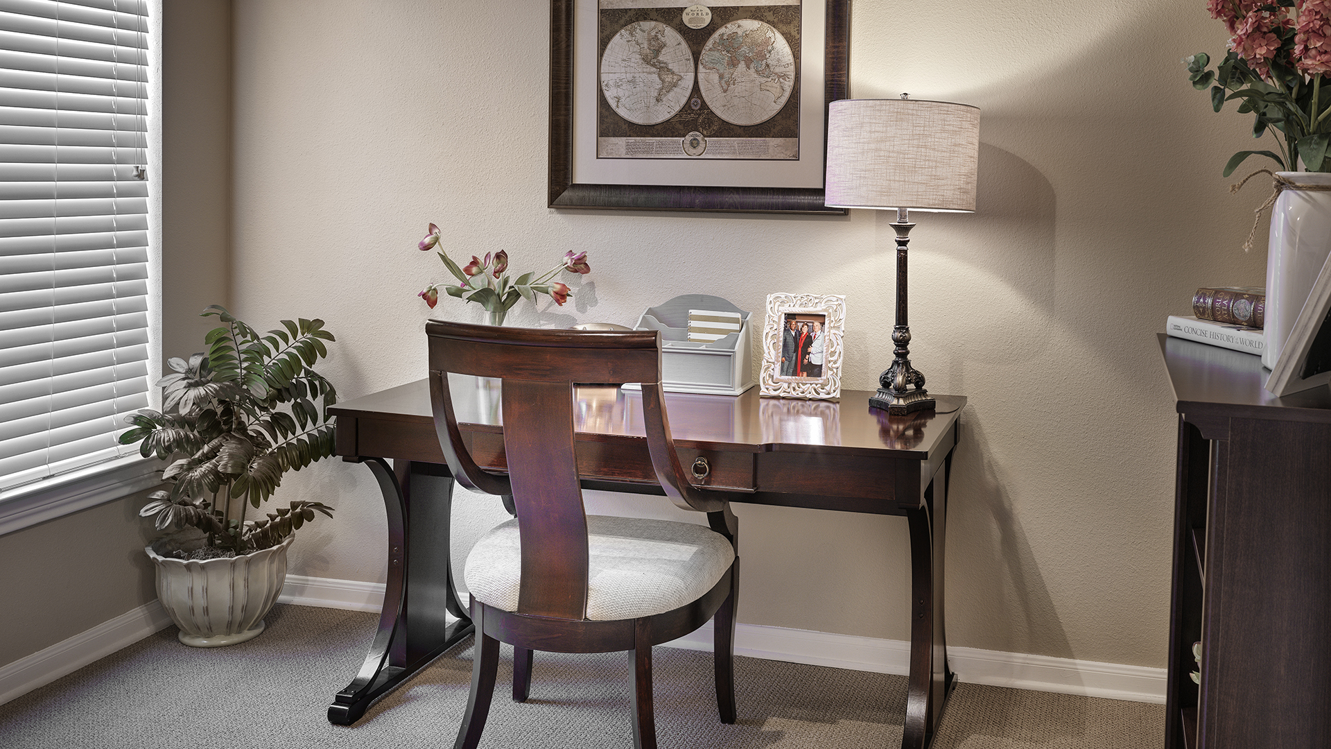 Apartment living room with desk and study area
