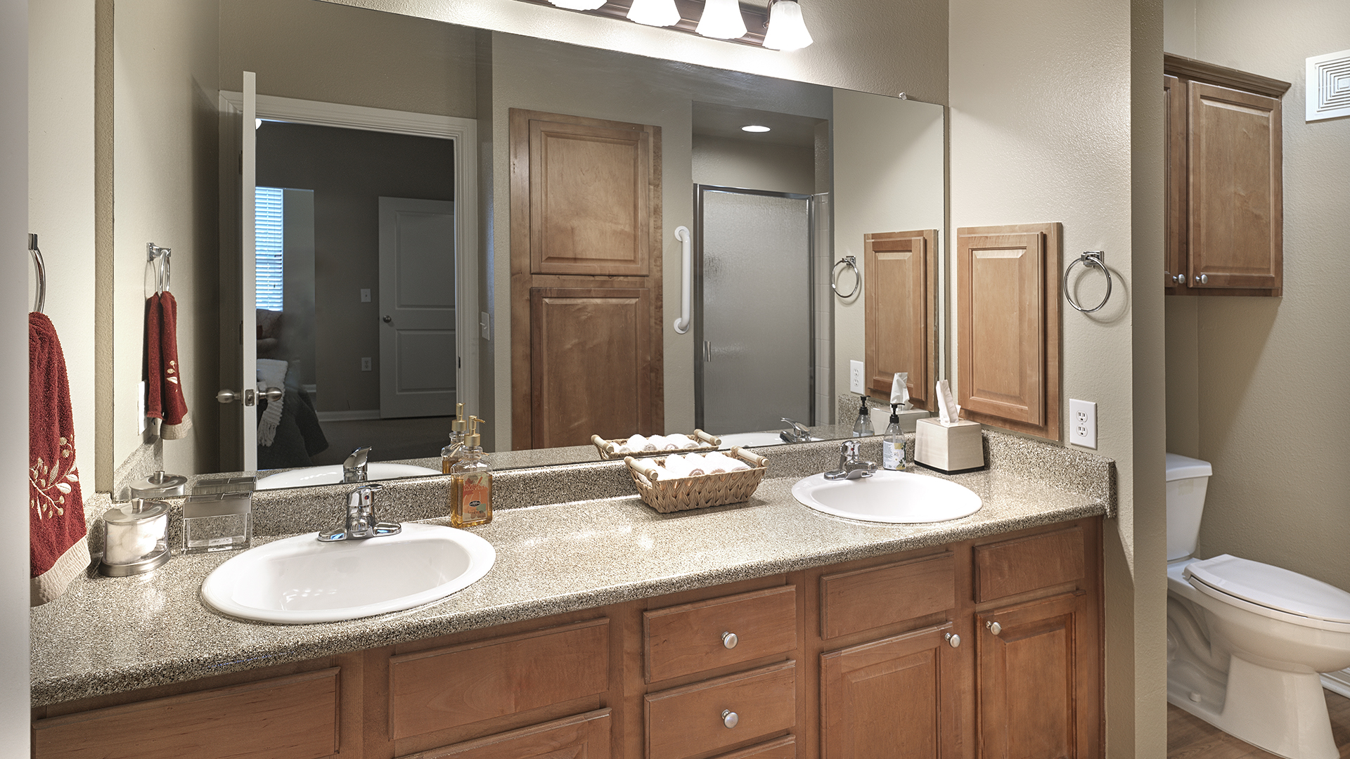 Apartment bath with double vanity sink