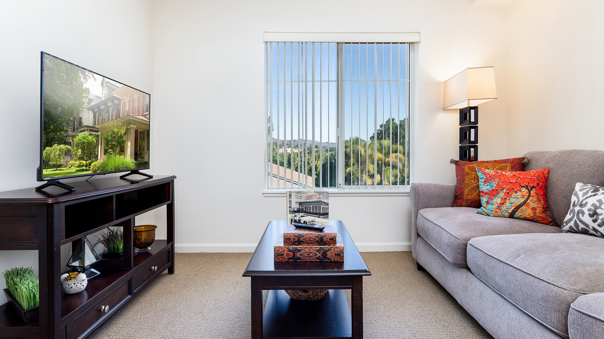 Apartment living room with TV, coffee table and comfortable sofa