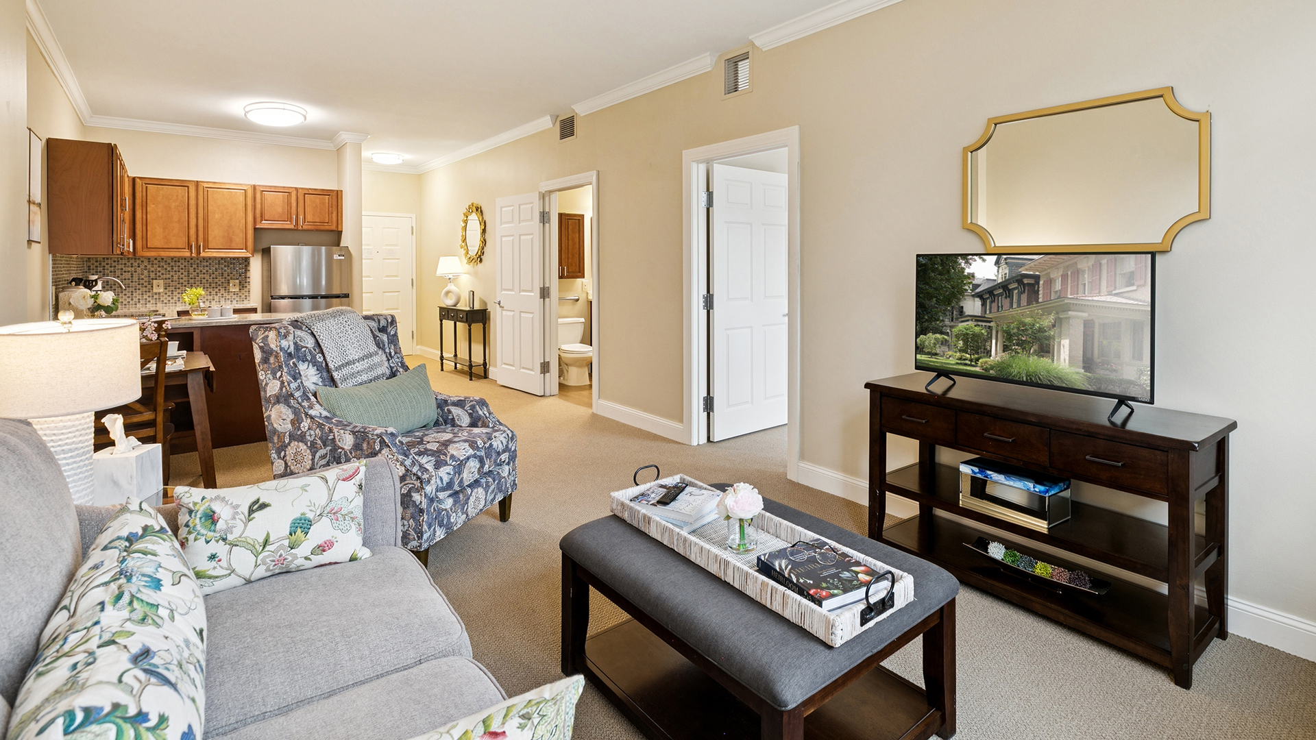 Apartment living room featuring modern patterned furniture