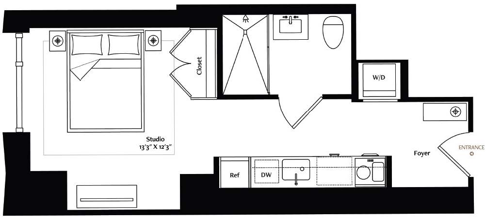 This studio unit with a spacious entryway features a nicely laid-out living area with wide-plank European oak flooring and a custom inset area rug. The full kitchen has integrated Miele® appliances and Italian cabinetry with under-cabinet lighting. The full-size luxe bath features heated flooring with mosaic marble tile, modern European full-height, porcelain-tiled walls, custom Italian vanity cabinetry, and a walk-in shower with grab bars.