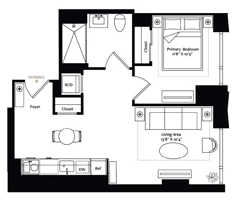 This wonderful 1-bedroom, 1-bath corner unit has a direct entryway into the full-size kitchen, equipped with luxurious Miele® appliances, Italian cabinetry with under-cabinet lighting, Brazilian Taj Mahal quartzite countertops, and a full-height backsplash. A luxe bath comes with heated mosaic marble tile floors and a walk-in shower. The living area features wide-plank European oak flooring and a custom inset area rug.&nbsp;