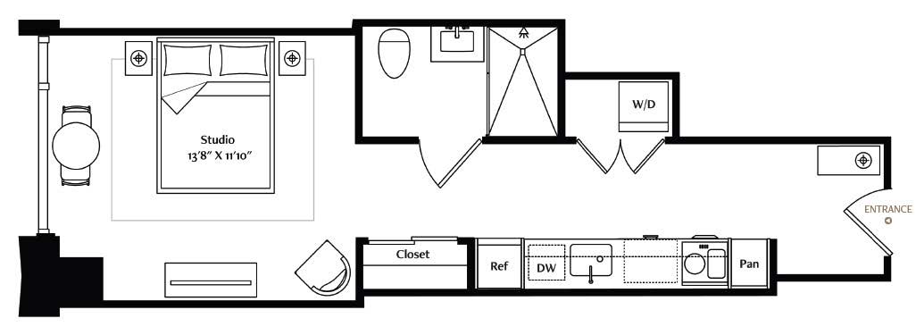 This inviting studio unit features a larger living area and premium closet space. Its full-size galley kitchen with Brazilian Taj Mahal quartzite countertops and a full-height backsplash also houses the Miele® stacked washer and dryer in a dedicated closet with shelving for additional storage. The luxe full-size bath features heated flooring with mosaic marble tile, modern European full-height, porcelain-tiled walls, custom Italian vanity cabinetry, and a walk-in shower with grab bars.