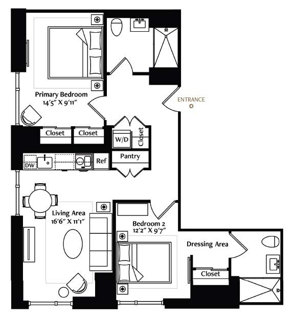 This 2-bedroom, 2-bath corner unit boasts a coveted entryway right off the elevator. Its primary bedroom flows nicely to a large double-door closet and a luxuriously appointed bath, featuring a heated mosaic marble tile floor, modern European full-height, porcelain-tiled walls, and a walk-in shower. The second bedroom is located near the entry, with another nearby bath and a dedicated closet with a Miele® washer and dryer and additional shelving. The full-size kitchen is equipped with Miele appliances, Italian cabinetry with under-cabinet lighting, Brazilian Taj Mahal quartzite countertops, and a full-height backsplash.