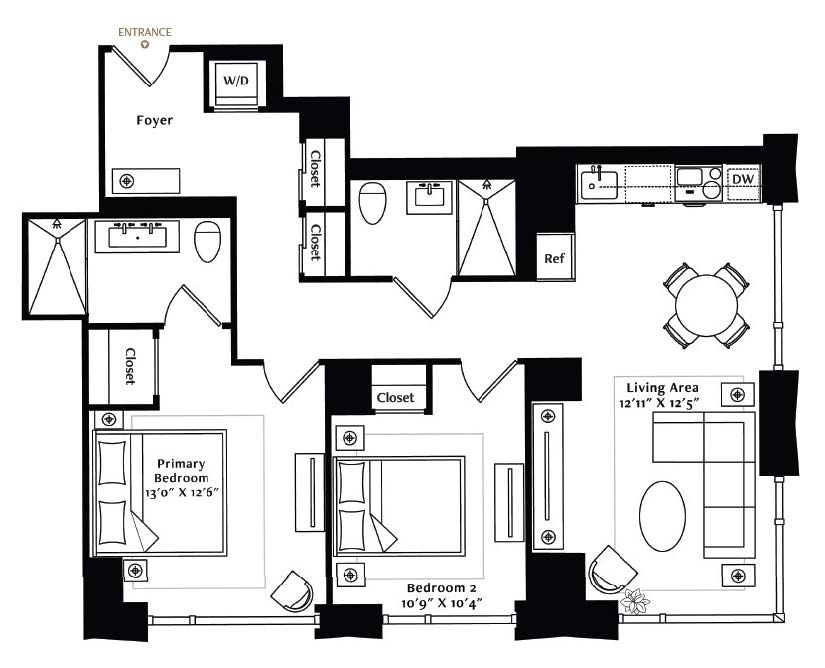 This beautiful 2-bedroom, 2-bath corner apartment opens to a gracious foyer entry and features two large closets equipped with custom shelving. The L-shaped kitchen flows nicely into a dining area with ample space for a dining room table. The primary ensuite bath is tastefully appointed with a stylish double sink vanity, and another full-sized bath is conveniently located off the corridor. Abundant storage space adds an extra level of comfort and convenience to the bedrooms.