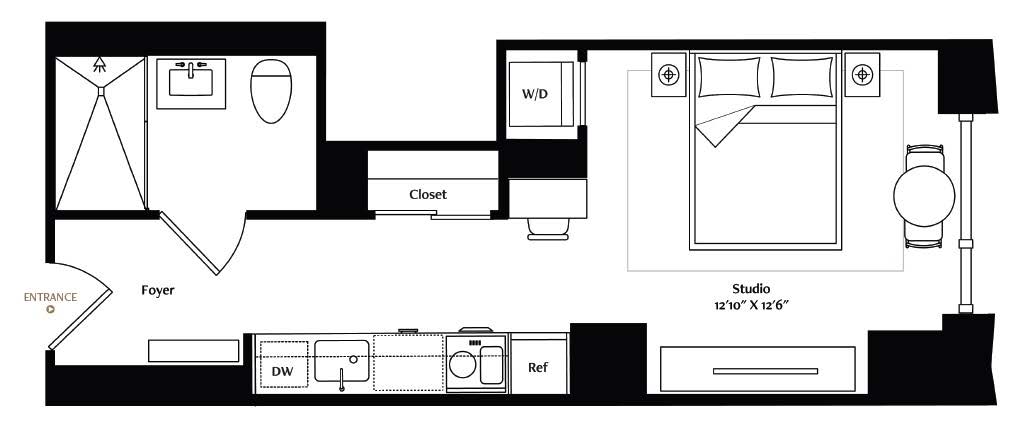 Centrally located near the elevators, this studio is defined by a larger living area and generous closet space. This lavishly appointed residence also features wide-plank European oak floors and custom inset area rugs. A galley kitchen, spacious closet, and in-unit washer/dryer add an extra level of comfort and convenience.