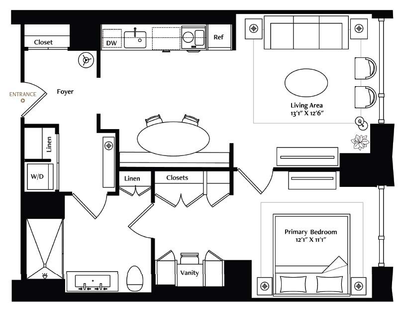 Conveniently located directly across from the elevator, this one-bedroom boasts an efficient layout and gorgeous natural light throughout the day. It opens to an inviting entry area complete with a large, double-door coat closet. Just off the entry is another spacious closet with a washer and dryer and custom shelving for additional storage. The full-size kitchen features luxury Miele® appliances, Italian cabinetry with under-cabinet lighting, Brazilian Taj Mahal quartzite countertops, and a full-height backsplash. The luxe bath features a large, stylish sink, while the dressing area boasts a custom-built vanity flanked by two more storage closets.