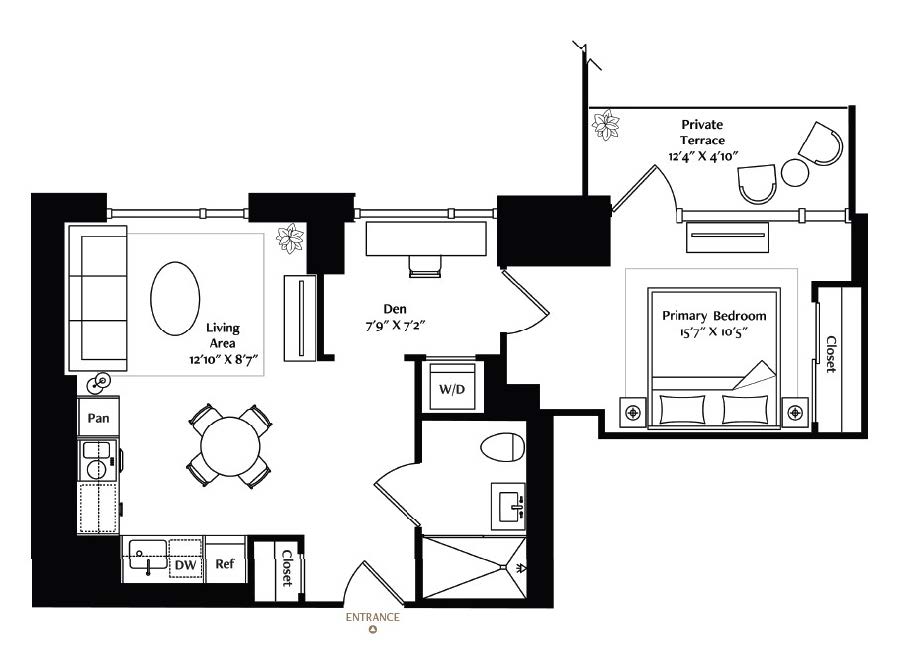 This fabulous 1-bedroom corner apartment features a bonus space for a dinette or workstation. It features a full-size, L-shaped kitchen replete with integrated Miele® appliances, Italian cabinetry with under-cabinet lighting, and Brazilian Taj Mahal quartzite countertops. The luxuriously appointed bath includes a heated mosaic marble tile floor and a walk-in shower. The living area features wide-plank European oak flooring and a custom inset area rug, and the bedroom is spacious with a good-sized closet.