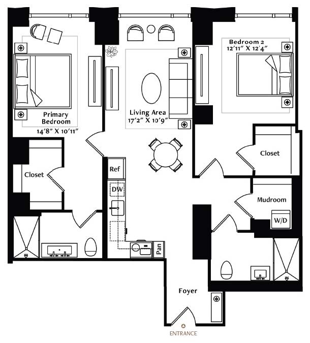 This sizeable 2-bedroom, 2-bath corner apartment features a grand foyer entry that can easily accommodate a console table. The entry flows into an L-shaped, full-size kitchen featuring luxury appliances, custom finishes, and abundant storage. Two comfortably spacious bedrooms feature walk-in closets. The primary bedroom has a luxe ensuite bath with a beautiful vanity and two large medicine cabinets. The second bathroom is fully ADA-compliant and features a large closet and shelf for additional storage.