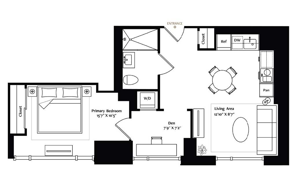 This modern 1-bedroom apartment features wide-plank European oak flooring with a custom inset area rug in the living room. A spacious bedroom with a longer closet provides extra storage. The full-size L-shaped kitchen boasts luxurious Miele® appliances, Italian cabinetry with under-cabinet lighting, and Brazilian Taj Mahal quartzite countertops. The full-size luxe bath with walk-in shower includes custom-designed Krion® vanity counters with Kallista fixtures and custom hardware.